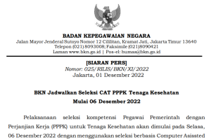 Pelaksanaan seleksi kompetensi pegawai pemerintah dengan perjanjian kerja (PPPK) untuk tenaga kesehatan (nakes) akan dimulai pada Selasa, 6 Desember 2022 Pelaksanaan seleksi kompetensi pegawai pemerintah dengan perjanjian kerja (PPPK) untuk tenaga kesehatan (nakes) akan dimulai pada Selasa, 6 Desember 2022
