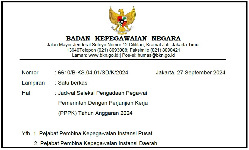 Jadwal Seleksi Pengadaan Pegawai Pemerintah Dengan Perjanjian Kerja (PPPK) Tahun Anggaran 2024